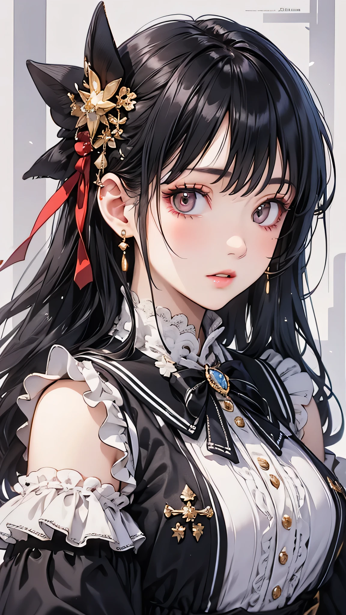 Highest quality, (Realistic:1.2), One person, alone, Detailed face, Face Focus, Are standing, Black Hair,(hair ornaments:1.35),office lady, Sleeves edged with ribbon, Removable sleeves, Ribbon trim, Wide sleeves, (View your viewers:1.5) Long Hair, Iris, bangs, lips,