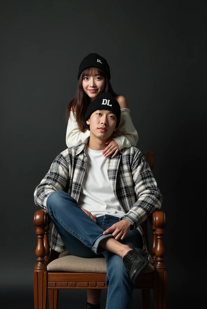 Featuring full HD high resolution images, A handsome Korean man sits on a carved chair smiling at the camera, the man was wearing a white flannel shirt with an open black pattern, white t-shirt, blue jeans and wearing a black beanie hat with the letters DL written on it, seen behind the man stands a beautiful woman wearing a white flannel shirt with black patterns, the woman put her arms around the man&#39;s neck and smiled., all black photography room background, realistic