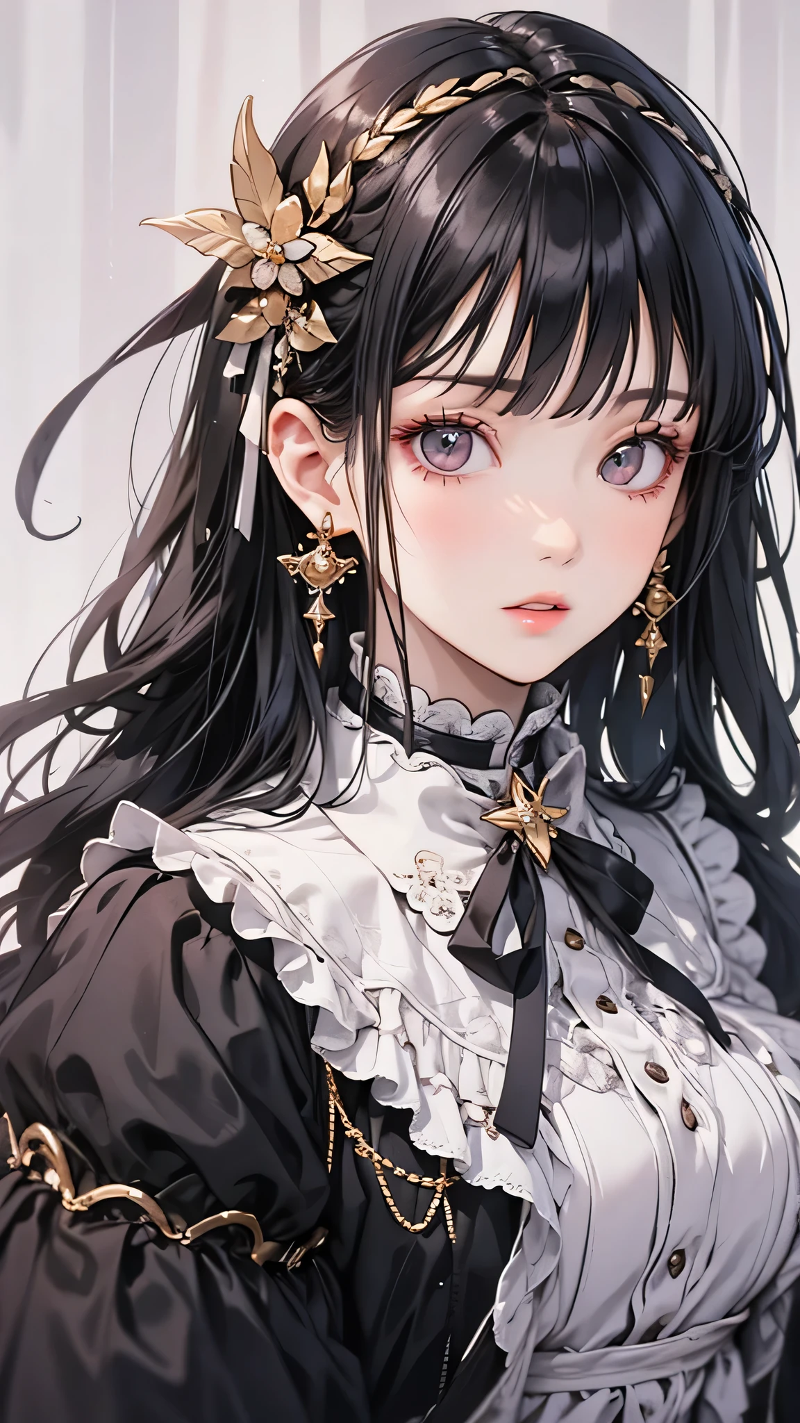 Highest quality, (Realistic:1.2), One person, alone, Detailed face, Face Focus, Are standing, Black Hair,(hair ornaments:1.35),office lady, Sleeves edged with ribbon, Removable sleeves, Ribbon trim, Wide sleeves, (View your viewers:1.5) Long Hair, Iris, bangs, lips,