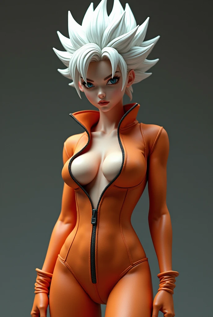 ((perfect anatomy:1.2,realistic:1.3,RAW Photography:1.3,masterpiece、highest quality、Ultra - High resolution、High resolution、Highly detailed CG、8K)), image of a super saiyan, The outfit should be alluring ,overly revealing,(((exposed breasts))), unzipped:1.2, ((breasts popping out)), ((costume is unzipped from her chest to her vagina)), narrow waist, wide hips ((bare chest)),very thin slender body, thigh gap, short hair, white hair, dragon ball spiky hair,
