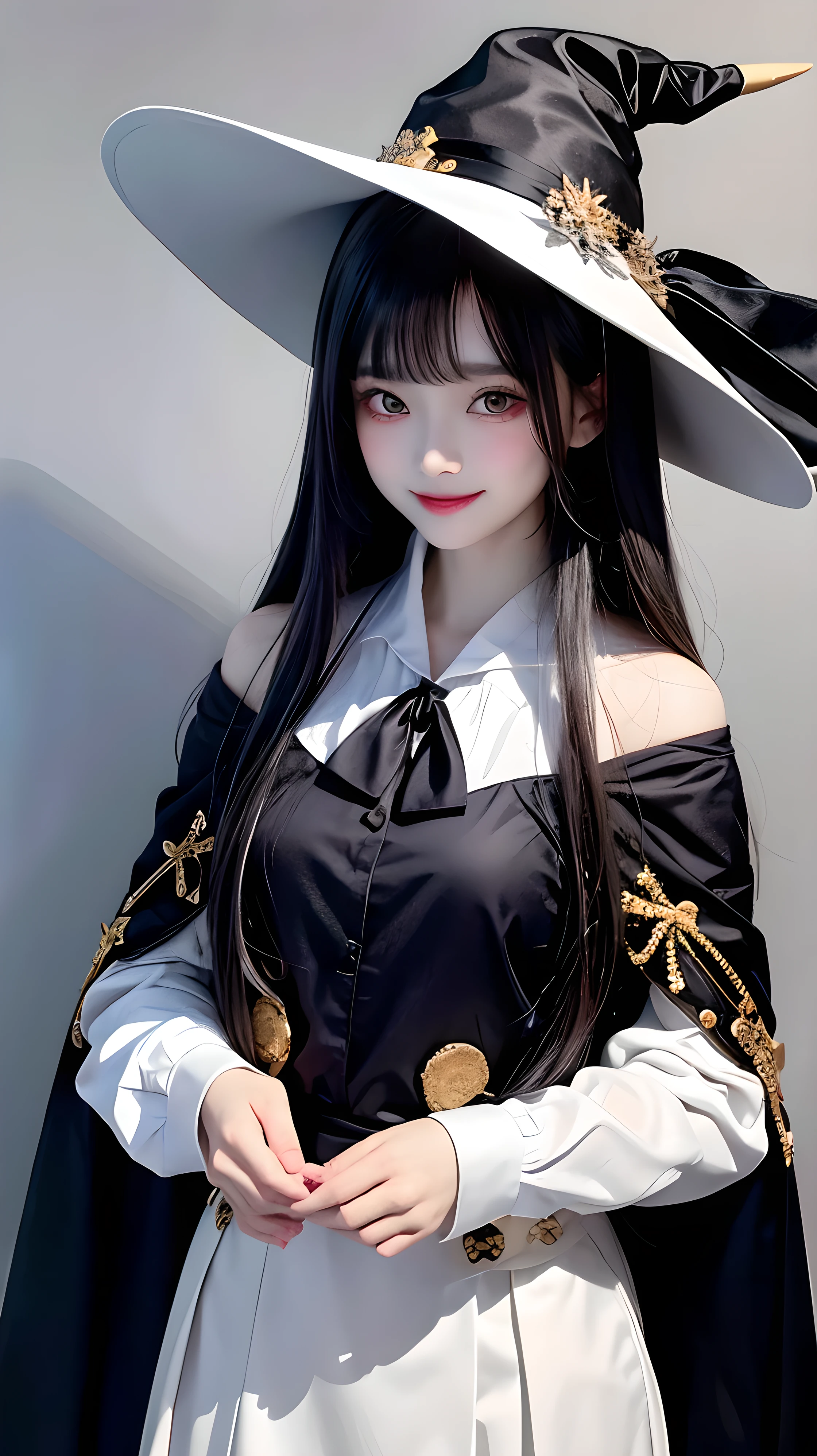 oung Girls,Humanity,A magician always smiles,big witch hat,cute,dark blue long hair,The eyes are dull,The bangs are heavy,Thin eyebrows,fantasy,intake,Double teeth,Star Theme,Constellation pattern,Solid color clothetal decoration,cloak,A bit of a dark atmosphere,A little crazy smile,When the big moon shines outside at night,blood,Hair black star embellishment,Short tie,No nails,High waist skirt,Bell sleeves,Long-sleeved shirt,Black tie,low risk,gentlemen。Mist、Yellow and white effect,Shocking pink as an accent color