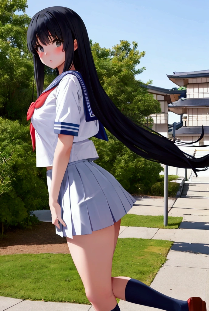 Japanese high school girl mini skirt sailor uniform straight long hair cute bottom angle jump
