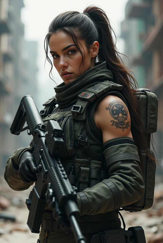 Super soldier who hold a gun and a tactical jacket ,a girl who has scars and have ponytail hair 