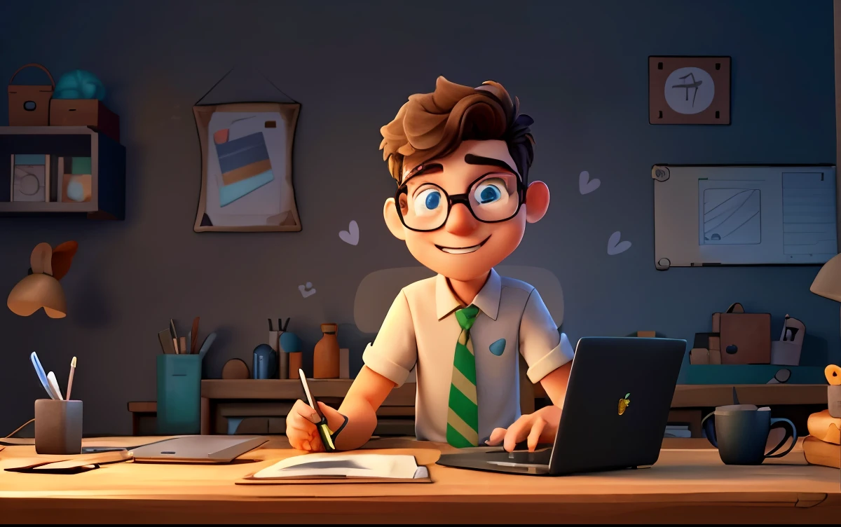 a character boy in glasses is holding up a laptop, in the styleof interactive pieces, soft gradients, daz3d, animatedgifs,azure,charming illustrations, award-winning,Dark background, backlight,((macbook por)),(Mouse)