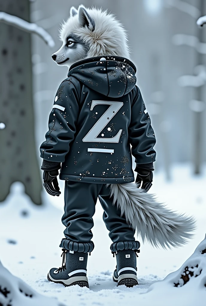 Young Werewolf, white hair, wearing a black winter coat with white details and the letter Z printed on the back, black and white pants and snow boots. Wearing eye and ear protection for snow. Front and back photo. Letter Z in the Coasts. Wolf tail