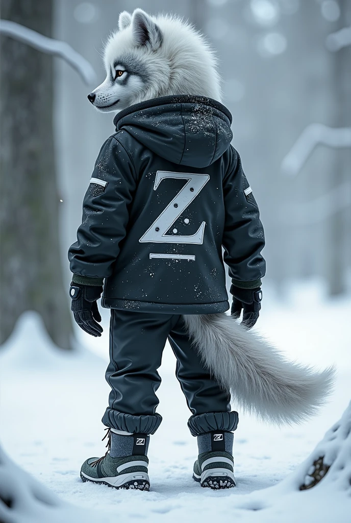 Young Werewolf, white hair, wearing a black winter coat with white details and the letter Z printed on the back, black and white pants and snow boots. Wearing eye and ear protection for snow. Front and back photo. Letter Z in the Coasts. Wolf tail