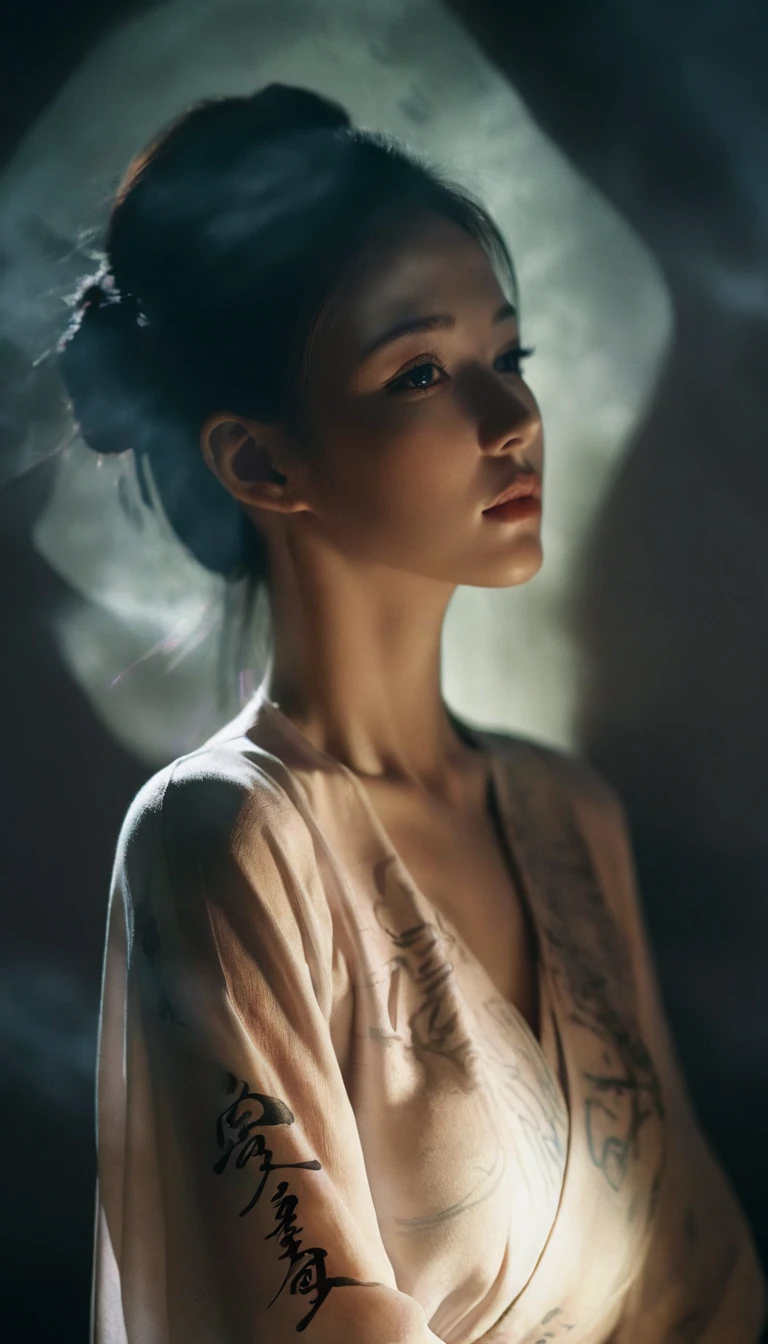 Double exposure style,Volumetric Lighting,Girl in wrap top,Arching her back,Traditional clothing,Artistic calligraphy and ink,light depth,Dramatic atmospheric lighting,Volumetric Lighting,Ghosting effect,Image combination,Double exposure style,