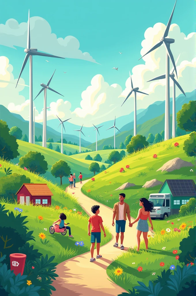 An illustration of a happy world using renewable e energy resources