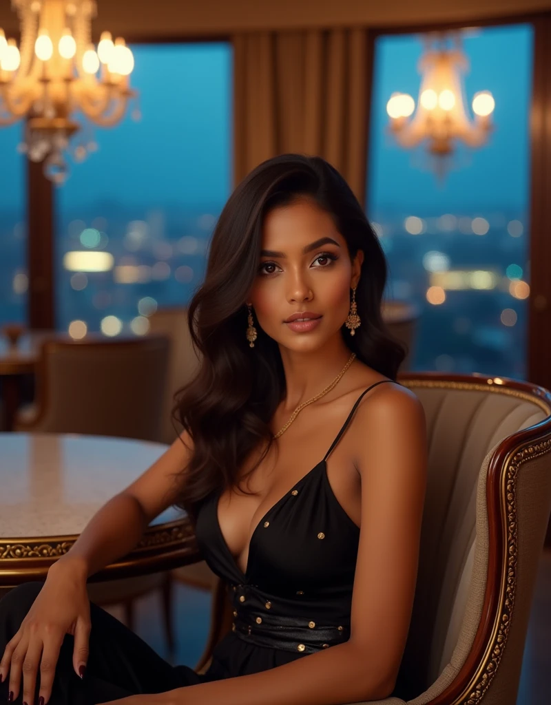 srilankan 25 year old girl, with attractive facial features,beautiful detailed eyes,beautiful detailed lips,extremely detailed eyes and face,longeyelashes, fair skin tone. curvy huge breasts. is seated gracefully on a plush chair beside a round, polished table at a prestigious luxury hotel in Colombo. The woman is wearing a sophisticated evening dress. The background features grand chandeliers, and large windows offering a glimpse of Colombo's cityscape and blue sky at dusk.