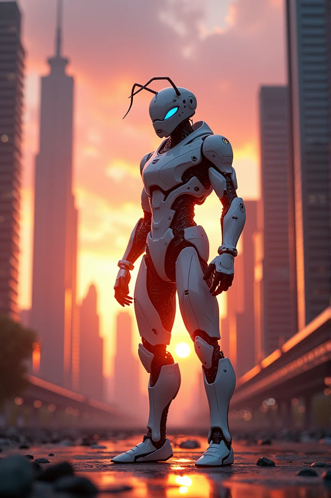 A fire ant, adorned in a sleek, glossy white cyborg costume, stands tall between towering skyscrapers during a breathtaking sunset. The warm hues of the setting sun—rich oranges, pinks, and purples—reflect off the ant's polished exoskeleton and the futuristic, metallic surfaces of the skyscrapers. The scene captures the contrast between the tiny yet powerful ant and the immense urban landscape, creating a striking blend of organic life and advanced technology in a vibrant, high-tech cityscape