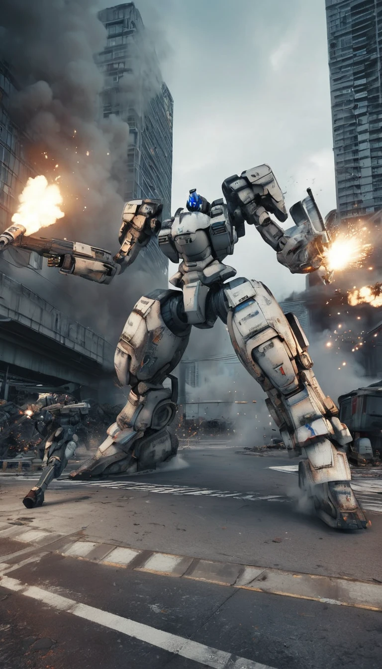 Ultra HD、4K,Future city background、With an explosion in the background、A giant robot sprinting、game「Armored Core」Aircraft appearing in、Giant humanoid weapon、He is firing a rifle in his right hand.、