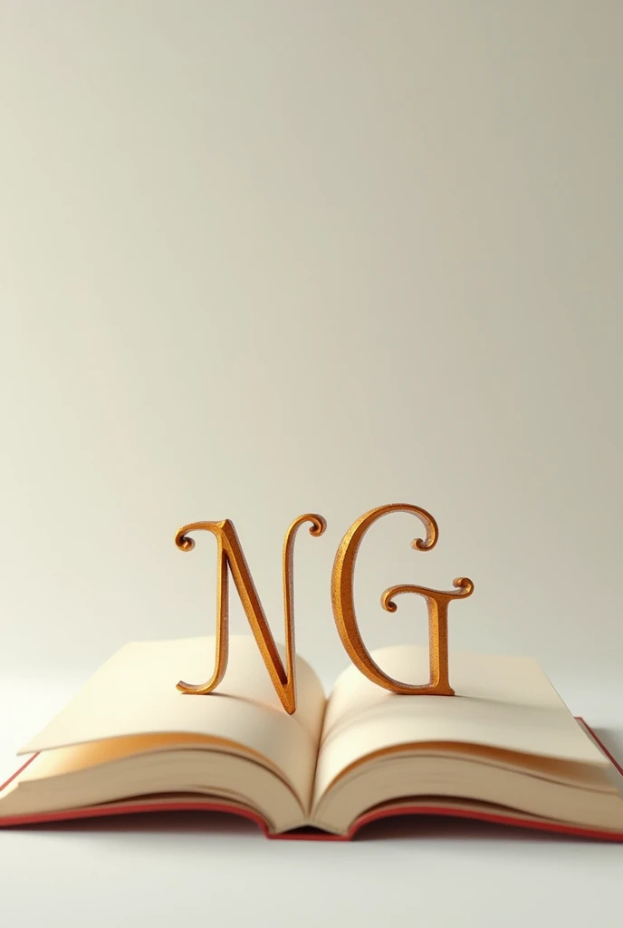 Write the capital letter E on the first page of a blank half-opened book. Write the capital letter N on the second page, which is open and standing. Write the capital letter G on the third page, which is slightly covered by the second page.