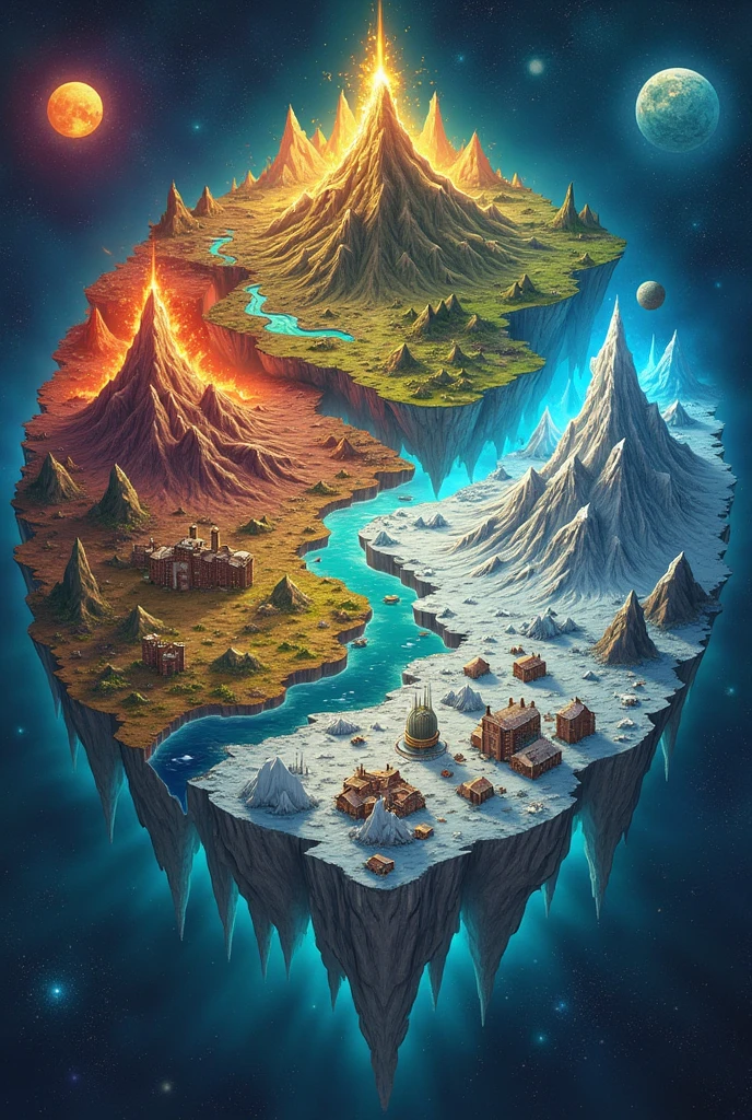 Map based on this story.
On the planet Domino, in a distant galaxy, existed four worlds, each unique and yet miraculously connected. They formed a fragile cycle, which ensured the survival of all. But one day this balance began to falter, and an epic battle for freedom and justice began.
### Chapter 1: The four worlds To the west of Domino lay the volcanic world Pyros. A landscape of bubbling lava, dark rocks and glowing rivers, where the mighty city of Vulcanis rested under a huge glass dome. The residents lived in ultra-modern, snow-white houses, while the ruler's magnificent palace towered over the city. The Vulcan, known for their superior technology and their unwavering army, were considered the protectors of the planet. Hover cars flew through the air, and the people enjoyed prosperity, which the knowledge and strength of their world had brought them.
In the East, near the sea, The idyllic medieval world of Luminor. A picturesque village, surrounded by fields and forests, that seemed to have come out of a fairy tale book. Here lived the peaceful knights, led by King John, a wise and just ruler. The people were strong and brave, their bodies so powerful, that even bullets could not cause any damage. But they were also friendly and helpful, and the village druid healed everyone with his mysterious herbalism. Luminor supplied the other worlds with food, that grew in their fertile fields.
In the north rose the snow world Glacialis, a majestic landscape of snow-capped mountains and icy valleys. Beneath the peaks lay the hidden city of Frostheim, a highly modern metropolis in the depths of the ice, in which the rich Queen Antalya ruled over her people. The people of Glacialis were suspicious and preferred, from the conflicts of the others h
