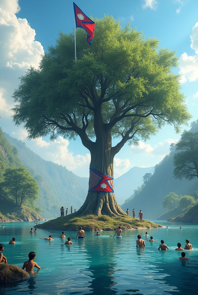 Nepali flag tree and lake centre flying nepali flag many member swimming their and god mahadev ( Siva) also looking this flag
