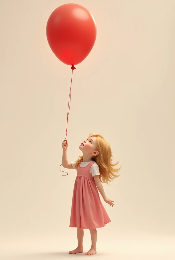 full standing image of a white kid girl holding a red ballon and wearing a dress