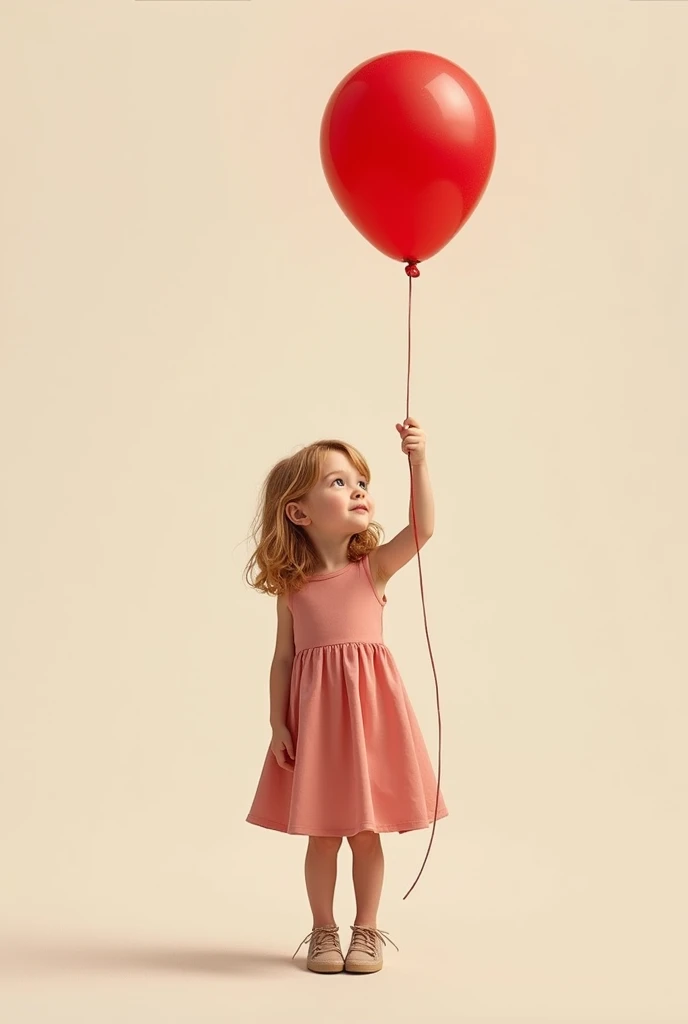full standing image of a white kid girl holding a red ballon and wearing a dress