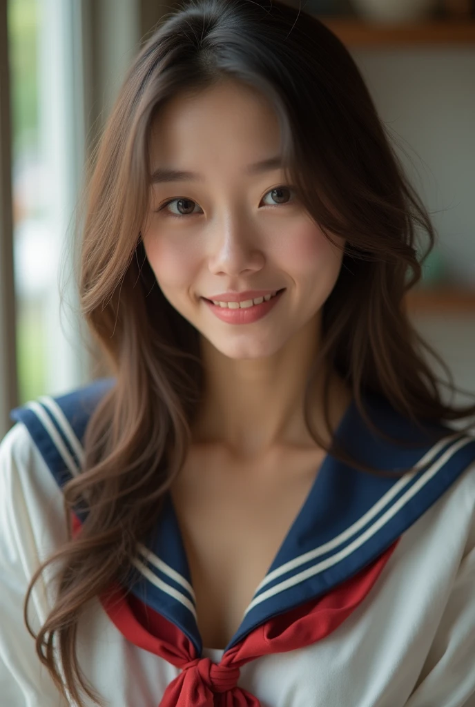 Browsing Caution, Highest quality, Photos in RAW format, Realistic Face, Incredibly beautiful, cute, Silky, Smooth and shiny hair, Depth of the written border, High resolution, Very detailed, Very detailed目と顔, Excellent student, Realistic student, Sharp focus, Cinema Lighting, small, (Big Breasts:1.2), (slim, , kind), Small waist, (slim waist:1.2), Delicate and sexy collarbone, (Sailor suit:1.2),(No cloth:10.0)