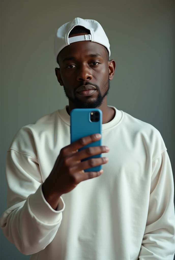 best qualityer:1.4), (ultra high resolution:1.2), (photorrealistic:1.4), (8k, CRU photo:1.2), a thin young man of 20 years old, skin black, with a smooth, beardless face, is wearing a white cap, He's wearing a white sweatshirt. He&#39;s taking a picture in the mirror. He has an iPhone with a blue case. He has no beard on his face 