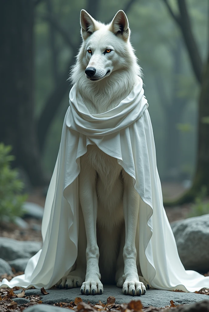 A wolf wareing white sharee human face and standing like human position 