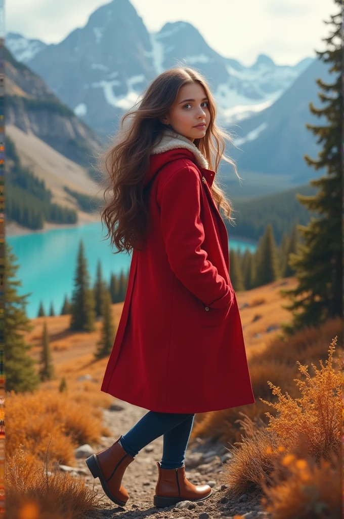 A brown haired girl visiting Canada in a red coat 