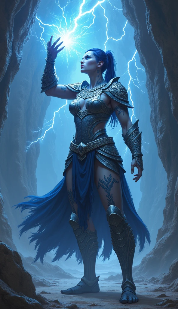 Aletta Ocean, angry evil beautiful and muscular, Nordic female, towering storm Giantess with blue black hair in a ponytail, older and mature woman, throwing a lightning ball, celtic glowing tattoos, wearing silver nordic steel runic plate mail Armour , temple cave background with lightning storm, glowing blue eyes, square jaw, powerful and imposing, winter clothing, pale blue purple skin, ((full plate silver celtic dragon armour)), nordic tattoos with bodybuilder physique