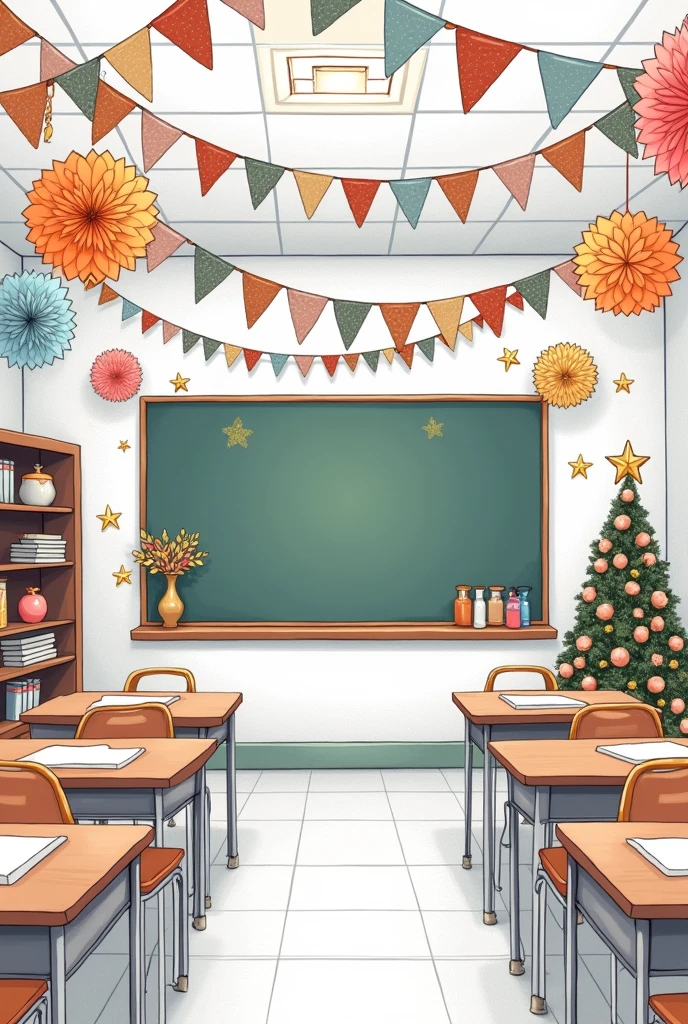 Create a line art illustration of a classroom interior festively decorated with DIY, affordable materials. The room features paper flowers, tassel garlands, banners, candlesticks, sparkling garlands, bandana banners, DIY bunting, a paper chain backdrop, and tissue paper pom-poms. The chalkboard is decorated with cheerful drawings and framed with garlands. Emphasize the handcrafted, simple yet beautiful decorations, ensuring the room is filled with festive details. No people should be present, and the image should be in line art without color.