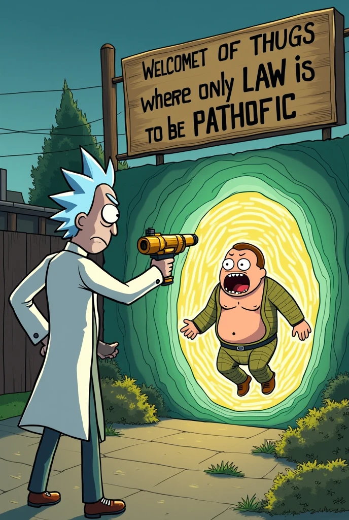 scene: - Characters: A character similar to Rick, with his trademark lab coat and a disdainful expression, Aims his portal gun at a typical thug (big and tough) that is bullying someone. Instead of a normal portal, What appears is a giant vortex that sucks the bully into a "planet of thugs" where all the inhabitants are cartoonish and ridiculous versions of himself, Caught in absurd and ridiculous situations. - Dialogue or Text: About the portal, A sarcastic sign says: "Welcome to Bullyland, where the only law is to be pa