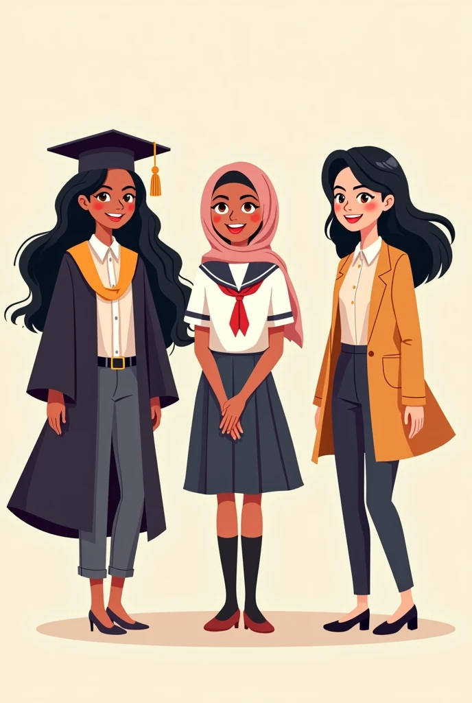 Three women cartoon,
one on the left wearing a graduation uniform (Blac hair),
one in the middle wearing a white highschool uniform with including a hijab,
and one on the right wearing an office worker uniform (Black hair).