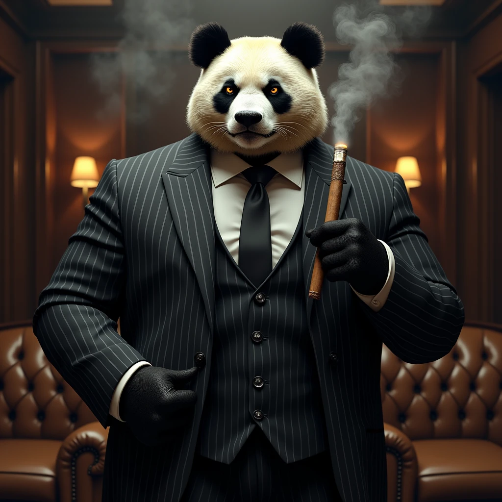"A hyper-realistic image of a muscular panda wearing a tailored, pinstripe suit with a crisp white shirt and a silk tie. The panda is holding a large, lit cigar in one paw, exhaling a thick cloud of smoke that envelops it. The panda's expression is serious and intense, giving off a powerful, intimidating vibe. The background is a dimly lit, high-end lounge with leather chairs and dark wood accents."