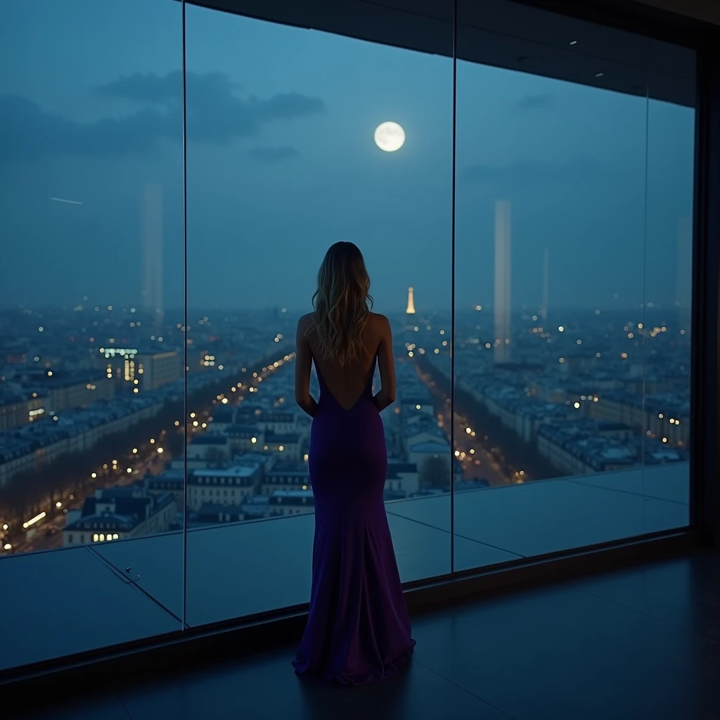 crée une image haute qualité 8k, photo réaliste, Adele Exarchopoulos, âgée d'environ 30 ans, elle se tient debout, derrière elle une immense baie vitrée qui s'étend du sol au plafond, le sol est en béton ciré noir. Elle est vue de très haut, presque à vol d'oiseau, rendant son apparence par rapport à l'immensité de la vitre. Elle porte une robe longue élégante violette décolleté, moulante, ouverte au niveau des cuisses qui épouse les courbes de son corps athlétique et gracieux, pied nue. Ses bras le long de son corp, avec un pied légèrement avancer comme si elle marchait, donnant une sensation de tension ou d'intensité dans son geste. Ses longs cheveux blond, légèrement ondulés, tombent librement autour des ses épaule, avec mèche tombant sur le visage, yeux bleu perçant, taquin, peau légèrement bronzé. La lumière naturelle de la pleine lune inonde la pièce, créant des reflets teinté de bleu, de blanc, et des jeux d'ombres sur la vitre, et laissant entrevoir une vue panoramique de la ville de Paris de nuit en contrebas. La scène dégage une impression de solitude, de contemplation, et de force intérieure.