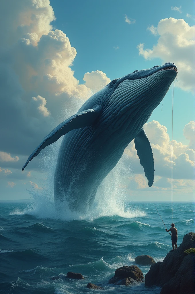 a whale flying up into the air, a man pulled by his fishing rod, fishing line in the whale's mouth, detailed realistic painting, cinematic lighting, dramatic composition, vibrant colors, highly detailed, photorealistic, 8k, masterpiece, intricate details, dramatic focal point, stunning perspective, awe-inspiring, breathtaking, majestic, ethereal, fantastical, magical realism