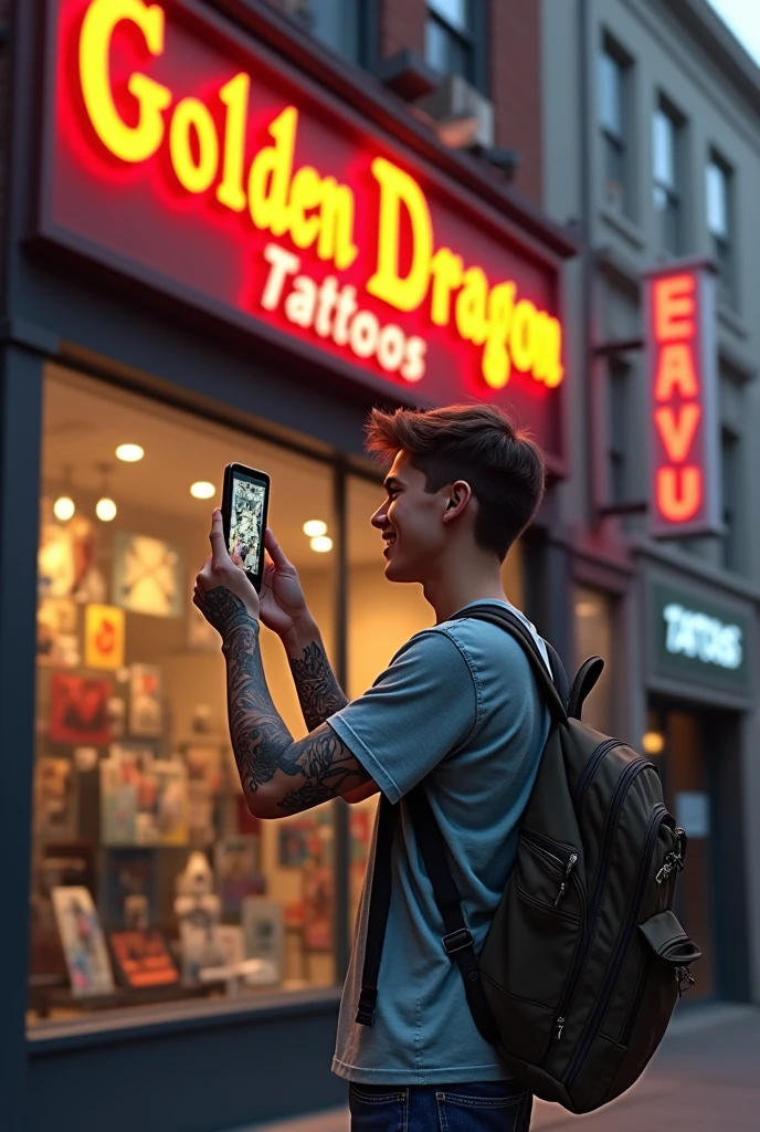A young man with tattoos, on a street in front of a shop window ( You can read the business sign" Golden dragon tattoos", With his phone in his hand he points towards the display case( as if he were recording with his camera)and he is smiling and happy