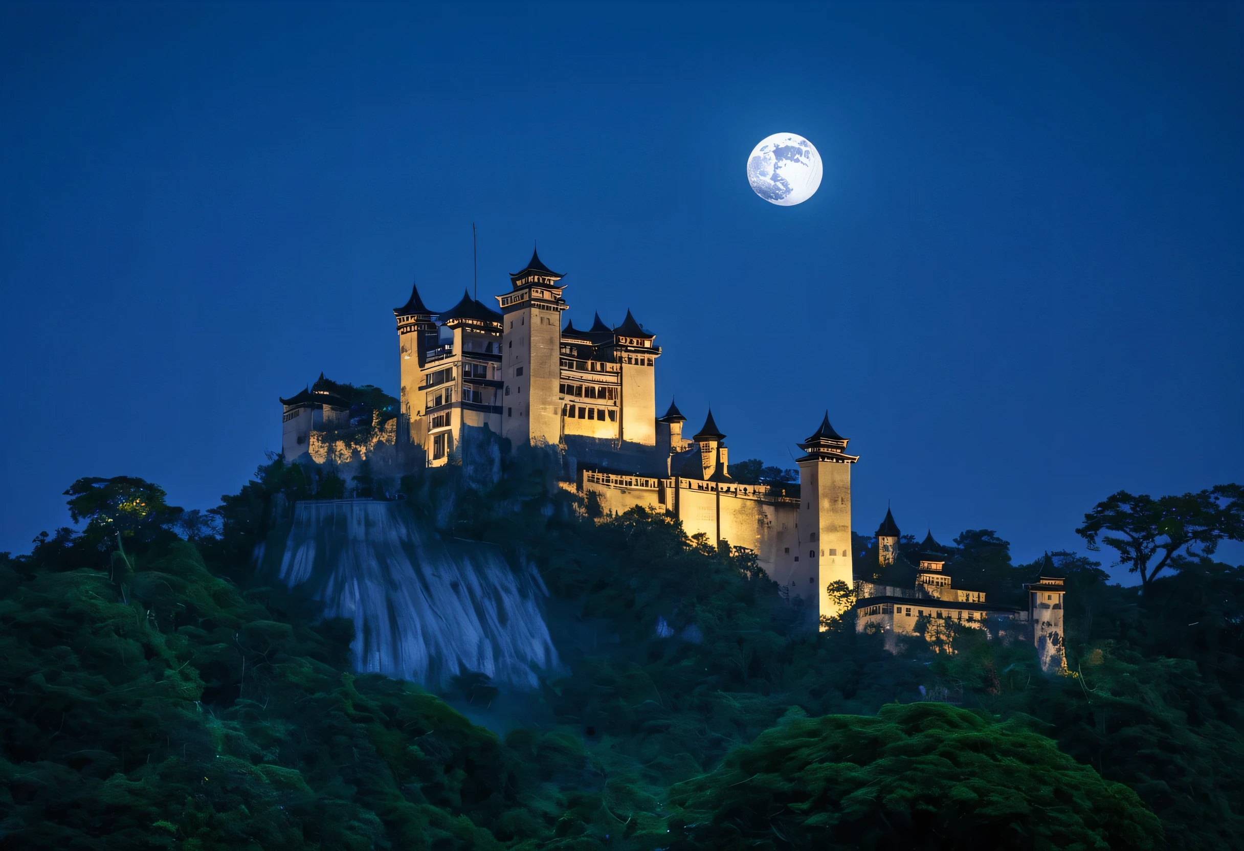 During the Warring States period, this castle, bathed in the enchanting light of a full moon, is filled with history and mystery. The traditional architecture glows under the moonlight, exuding a profound beauty along with the surrounding nature. Once echoing with the voices of warriors, this place still shines timelessly across the ages.