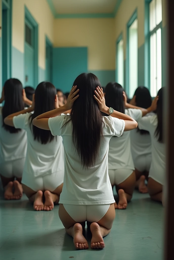 Indian college girls wearing white shirt and panty kneeling down holding ears in corridor outside class room door face towards the Wall in punishment