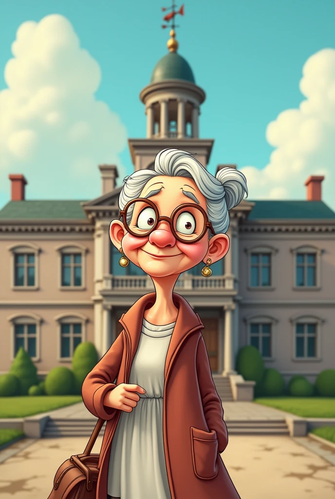 Large building with an old lady in front in cartoon style