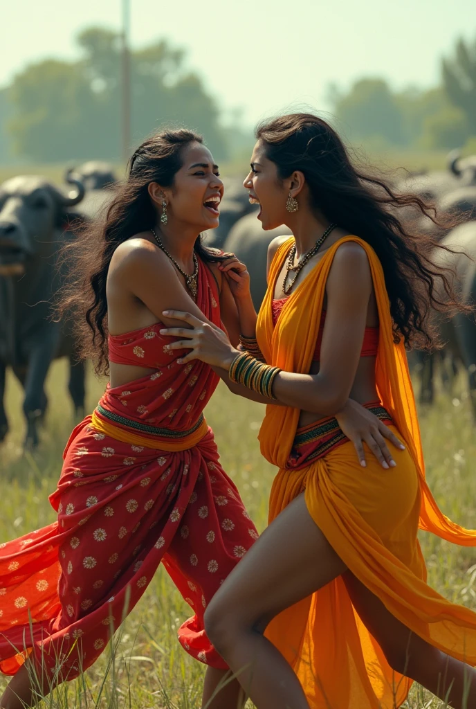 Indian mallu aunty catfight with other aunty both are sexy and thick figure full body show in saree realistic face and body
