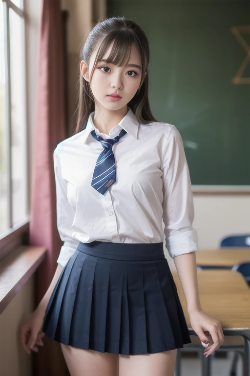 ((masterpiece)), ((Highest quality)), (Very detailed), ((Very detailed)), 4K, (8k), Highest quality, (beautiful),((beautiful eyes)),White shirt,(skirt),(school uniform:1.3),whole body,(Complicated panties),20-year-old,(White panties),Brown Hair