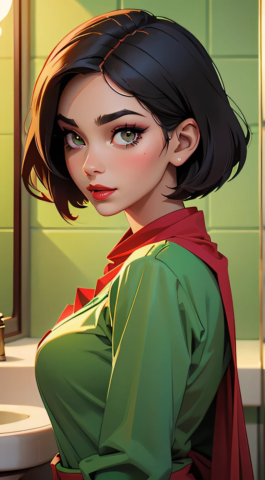 Amazing portrait of a sexy woman with her short hair in a bob style and her face covered with lots of makeup gazing at us seductive with her perfect red lips parted wearing a green saree in an empty bathroom
