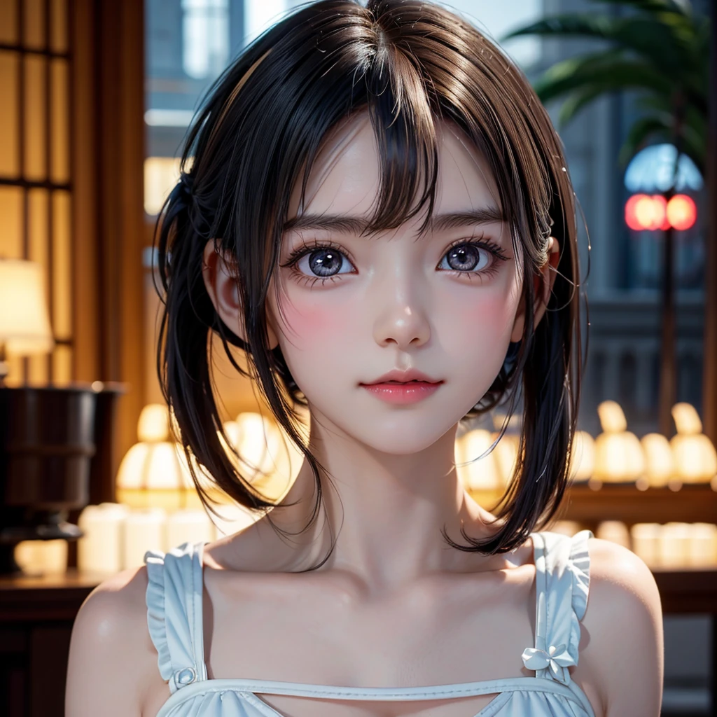 One Girl,(とてもcute少女:1.3),masterpiece,Highest quality,High resolution,Symmetrical,Straight,Photorealistic,RAW Photos,Ray Tracing,Physically Based Rendering,beautiful girl,(:1.3),cute,Big eyes,(detailed pupils:1.2),(The face is facing straight ahead:1.3),Body facing forward,Beautiful nose,High nose,Upturned nose,Fuller lips,Short black hair,ponytail,short hair,Detailed eyelashes,Thin eyebrows,Very fine grain definition,(Symmetrical eyes,Golden Ratio:1.3),(Face close-up,Face Focus:1.0),Small breasts,Slim figure,Short neck,White swimsuit,White Bikini,Ocean,Southern Island,Blue sky,White cloud,Portrait,View Viewer,Upper Body,Cinema Lighting,High resolution,Very detailed