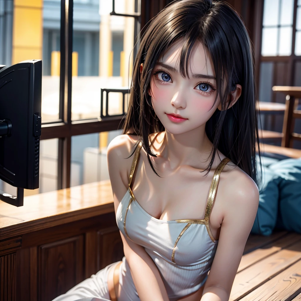 One Girl,(とてもcute少女:1.3),masterpiece,Highest quality,High resolution,Symmetrical,Straight,Photorealistic,RAW Photos,Ray Tracing,Physically Based Rendering,beautiful girl,(:1.3),cute,Big eyes,(detailed pupils:1.2),(The face is facing straight ahead:1.3),Body facing forward,Beautiful nose,High nose,Upturned nose,Fuller lips,Short black hair,ponytail,short hair,Detailed eyelashes,Thin eyebrows,Very fine grain definition,(Symmetrical eyes,Golden Ratio:1.3),(Face close-up,Face Focus:1.0),Small breasts,Slim figure,Short neck,White swimsuit,White Bikini,Ocean,Southern Island,Blue sky,White cloud,Portrait,View Viewer,Upper Body,Cinema Lighting,High resolution,Very detailed