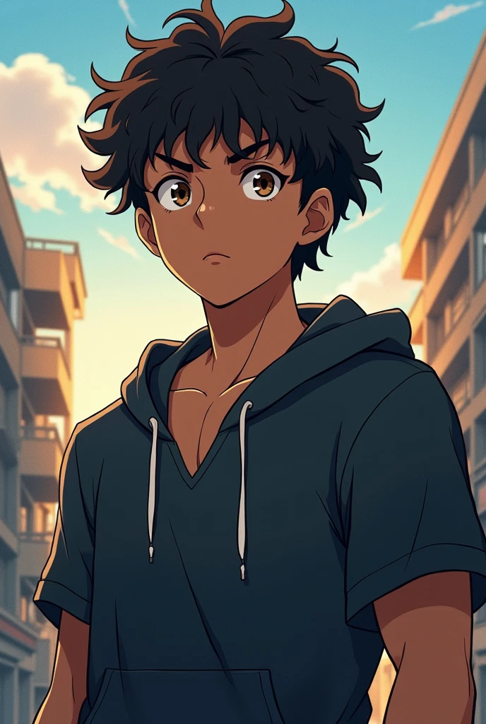 (Anime),(Breakdomain),(BNHA anime),(Young 17-year-old boy, with average physical appearance and a height of 1.80 m.), (Dark skin color: 2.0), his eyes are brown and his hair is short, black and curly. His face has mixed features, with a thick, flat nose, and a large but slightly thin mouth. His build is athletic and well defined, with obvious muscles. He walks with confidence, his expression serious, but his eyes shine with restrained energy. His presence is imposing and magnetic, drawing the attention of everyone around him.)