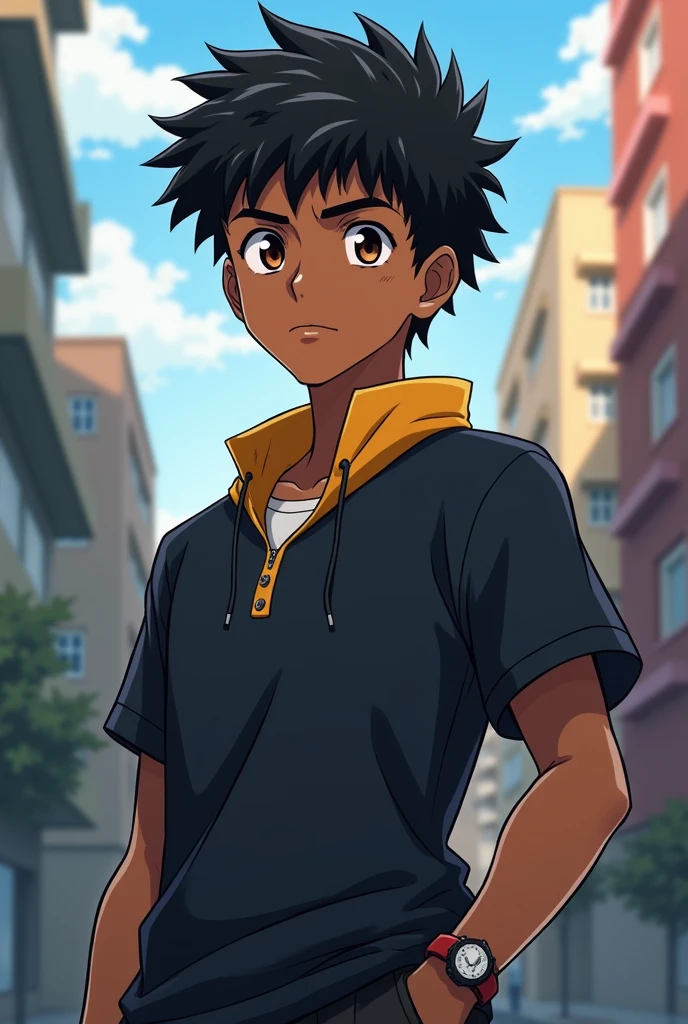 (Anime),(Breakdomain),(BNHA anime),(-year-old, witverage physical appearance and a height of 1.80 m.), (Dark skin color: 2.0), his eyes are brown and his hair is short, black and curly. His face has mixed features, with a thick, flat nose, and a large but slightly thin mouth. His build is athletic and well defined, with obvious muscles. He walks with confidence, his expression serious, but his eyes shine with restrained energy. His presence is imposing and magnetic, drawing the attention of everyone around him.)