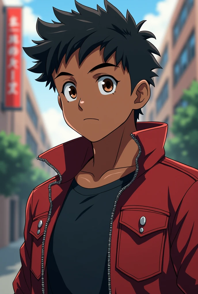 (Anime),(Breakdomain),(BNHA anime),(Young 17-year-old boy, with average physical appearance and a height of 1.80 m.), (Dark skin color: 2.0), his eyes are brown and his hair is short, black and curly. His face has mixed features, with a thick, flat nose, and a large but slightly thin mouth. His build is athletic and well defined, with obvious muscles. He walks with confidence, his expression serious, but his eyes shine with restrained energy. His presence is imposing and magnetic, drawing the attention of everyone around him.)