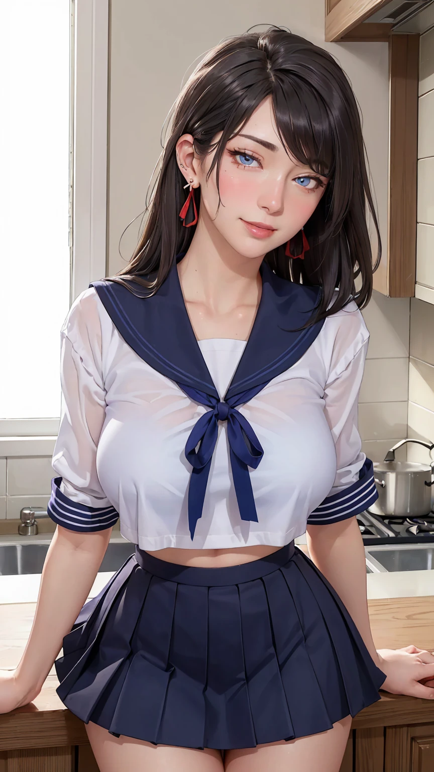 ((((masterpiece, best quality, high resolution)))), Extremely detailed 8K, Beautiful girl with voluptuous body, (Ultra HD, Ultra-detailed, Highly detailed, Highly realistic, Ultra-realistic, photograph realistic), (1girl:1.5), (Realistic black hair), (long silky hair, hair ornaments, earrings), (dynamic poses), facing at camera, looking at viewer, (blushing red, embarrassed, exhausted, smile), (violet eyes, sharp eyes), (big perky breasts:1.2), (wide hips:1.2), (beautiful detailed face, beautiful detailed eyes), ((sailor fuku uniform, red ribbon, blue plated skirt)), (detail pussy), (leaning against counter), sweat, glow, (sunbeam, sunlight), ((cowboy shot)), kitchen, seductive
