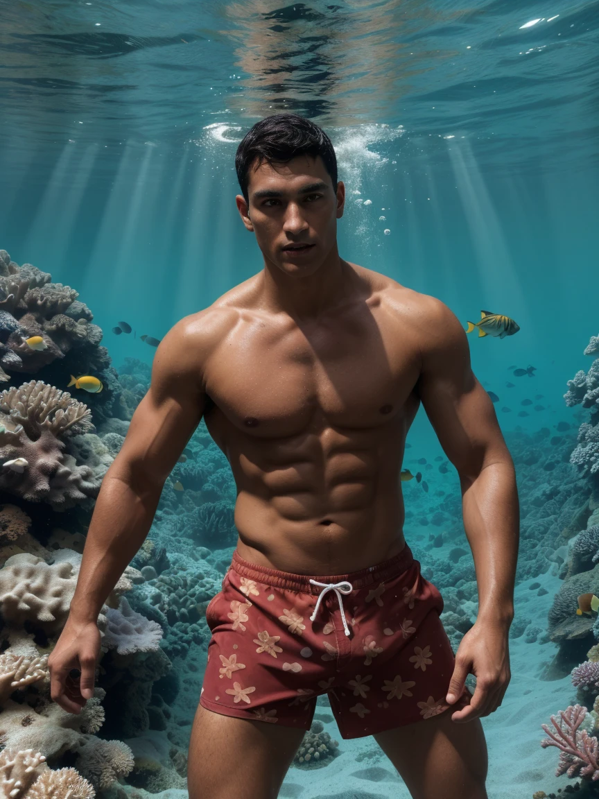 (8k, RAW photo, best quality, masterpiece:1.2), (realistic, photo-realistic:1.37), ultra-detailed, (high detailed skin:1.2), 8k uhd, dslr, soft lighting, high quality, film grain, Fujifilm XT3, professional lighting, handsome 1man ,Tall,muscular,2,Latin descent,Tanned olive skin ,olive skin complexion,yeallow skin,Dark black hair, short hair, Lucas in swim trunks , exploring the underwater world near a coral reef. The water is crystal clear, with colorful fish and coral all around. Lucas is swimming gracefully, with a look of wonder and excitement. (strong jaw:1) brutal