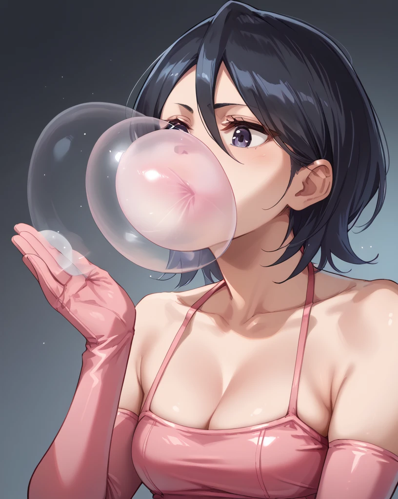 (Best quality, masterpiece, anime quality, full view), 
1girl, defrka, black hair, black eyes, short hair, (((she is blowing several extra gigantic enormous bubble gum:1.3))), pink latex elbow gloves, pink bikini, pink thighhighs, medium breasts, sexy expression