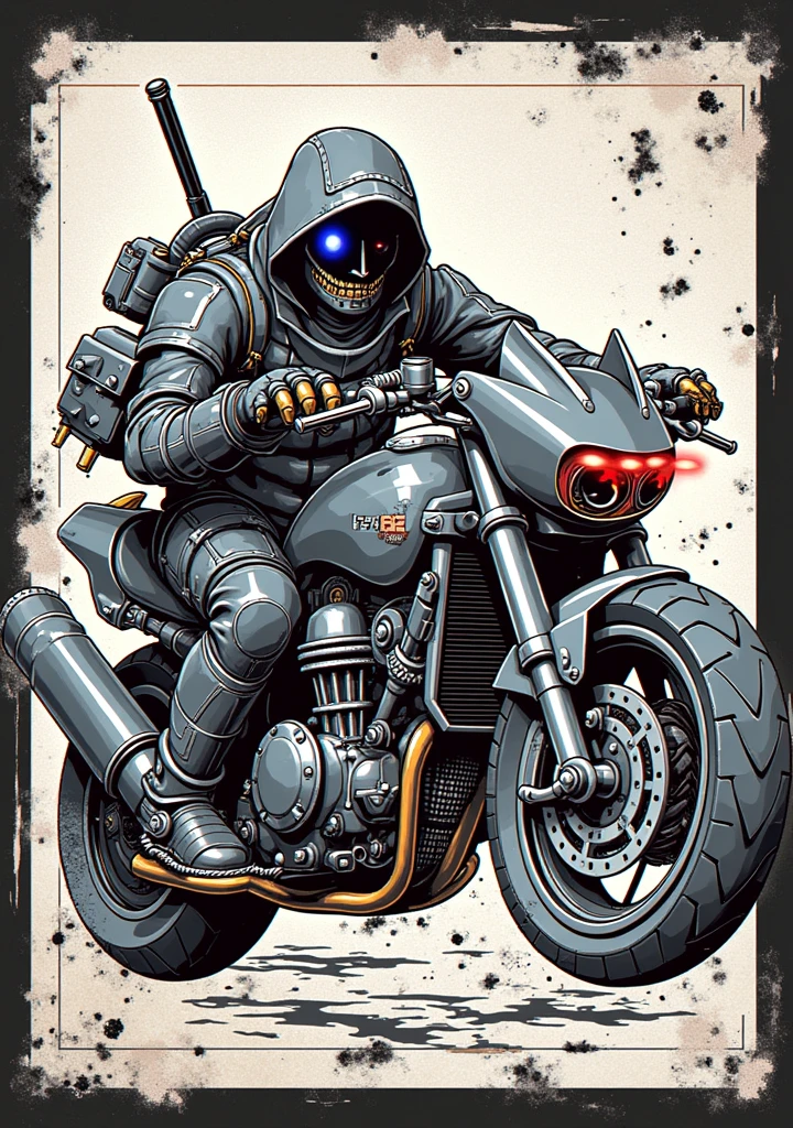 A mechanical gunman on a black, spiky bike(Cyborg) Hat pulled down low The left eye is red、The right one glows blue Bullet holes on the screen