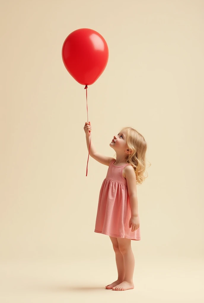 full standing image of a white girl holding a red ballon and wearing a dress