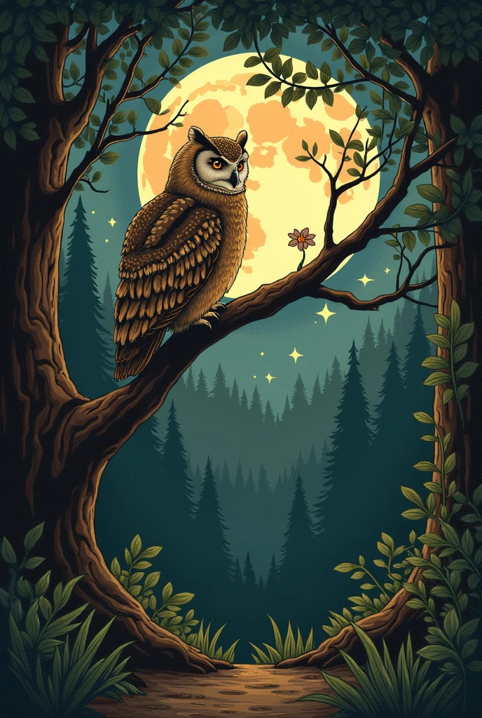 vintage illustration of a beautiful forest at night with a beautiful owl sitting on a tree branch with a beautiful moon with stars, with browns, greys, rust colour, olive green and gold,