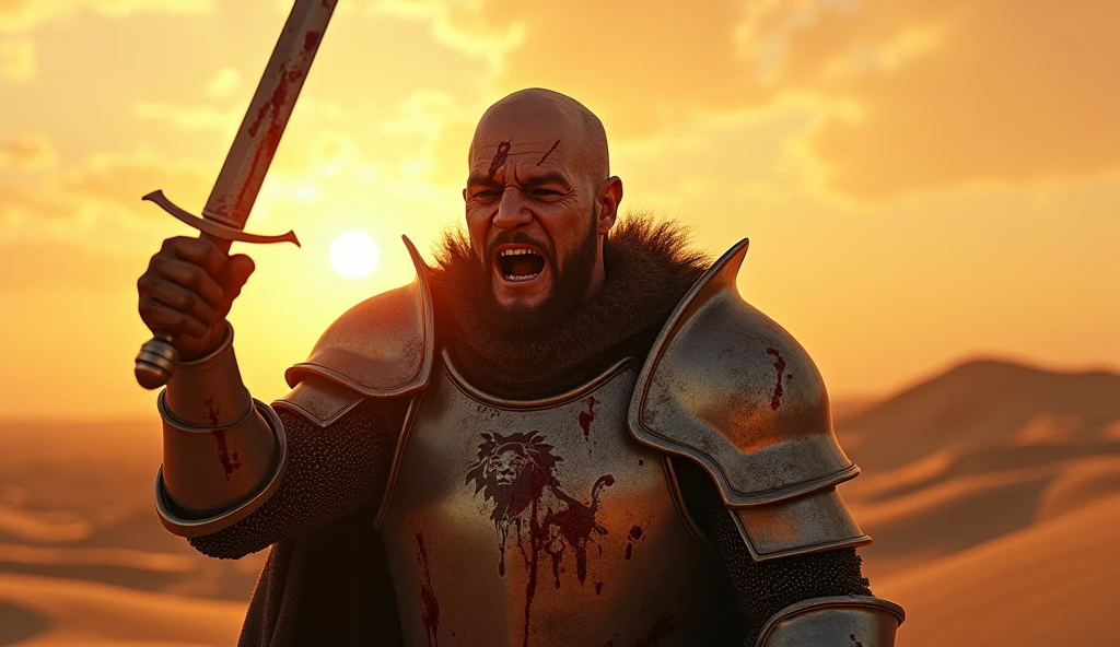 A highly realistic, high-contrast, 8k hd, detailed, hyper-detailed image set in a desert during sunset. The scene features "Tadokoro," a knight with a skinned head, clad in steel armor with a prominent lion emblem on his chest, suffering from intense pain as he raises a small knife with all his remaining strength. His face is contorted in agony, reflecting the physical torment he is enduring while summoning the will to strike. The steel armor is smeared with blood, adding to the brutality of the scene. The warm, golden light of the setting sun casts long shadows across the sandy desert, enhancing the dramatic atmosphere and highlighting the detailed texture of the armor and the lion emblem. The image is of the highest quality, with ultra-high resolution, RAW photo quality, and Unreal Engine rendering, capturing the intense moment of "Tadokoro" battling through pain and bloodshed in the desert at sunset.